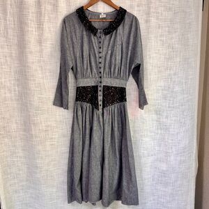 Switch USA Vintage 1980s Gray Chambray Lace Collar Western Shirt Dress Size S